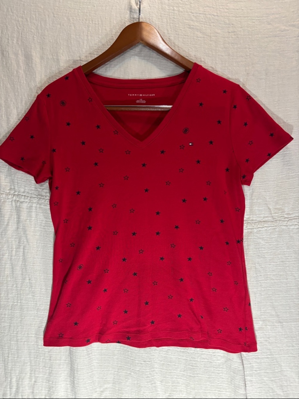 Tommy Hilfiger Red V-Neck Short Sleeve Tee with Navy Star Motif 100% Cotton